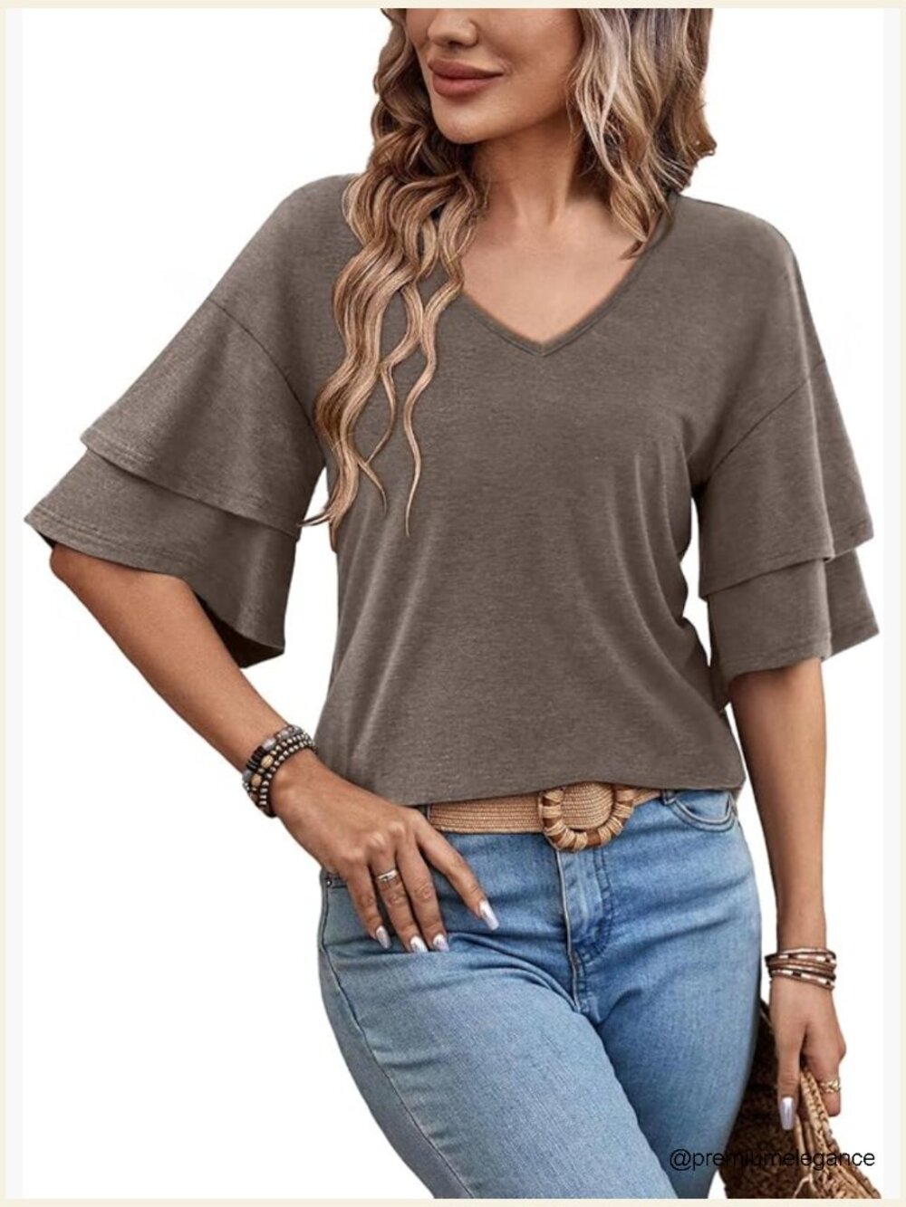 Short Sleeve V Neck Ruffle Blouse Lightweight Casual Summer Top